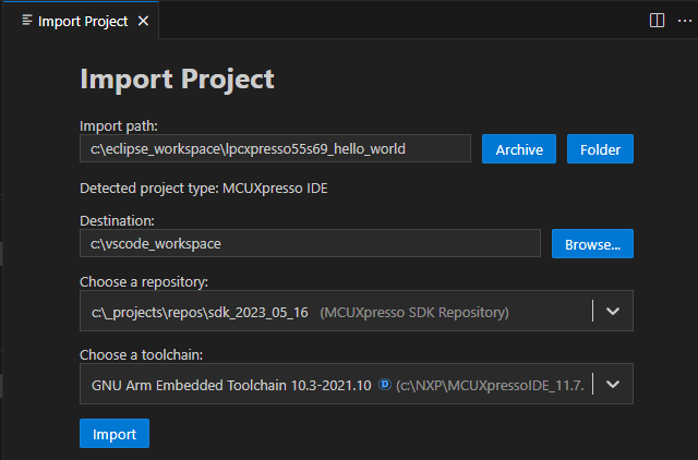 MCUXpresso IDE import project wizard