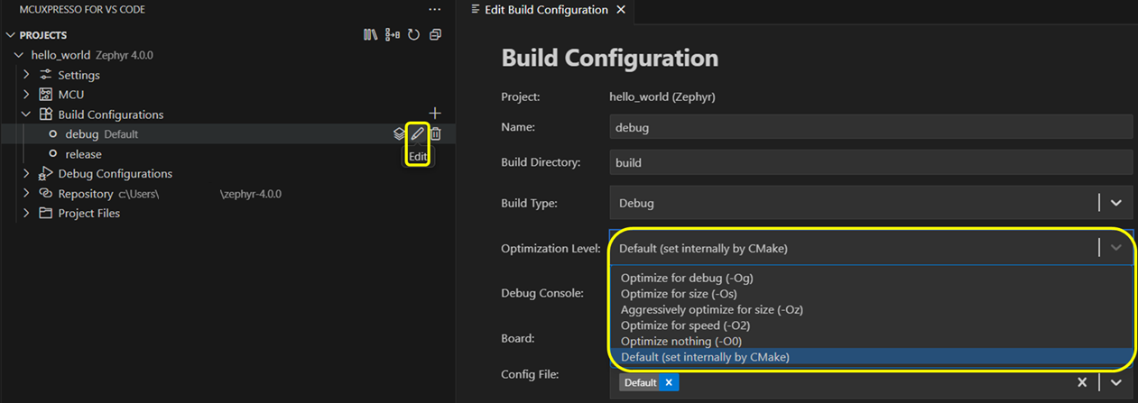 Zephyr Change Optimization Level