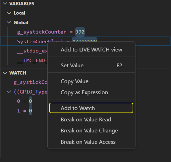 Add to Watch context menu inside Variables view