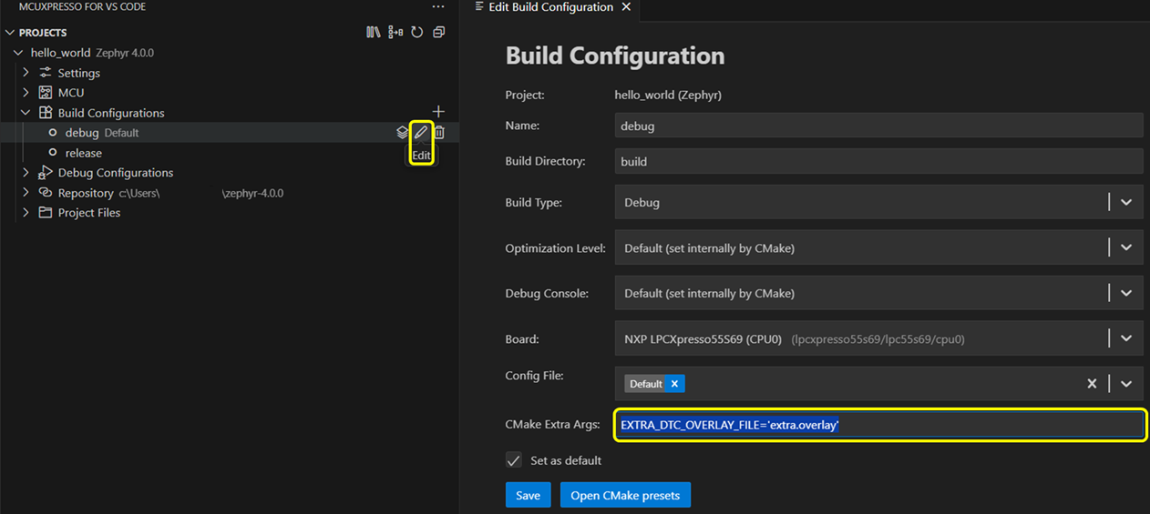 Zephyr Change Add Extra CMake Args
