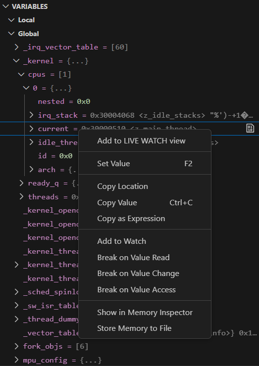 Variables Menu