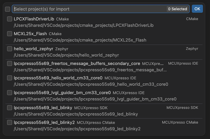 Import Multiple Projects selection