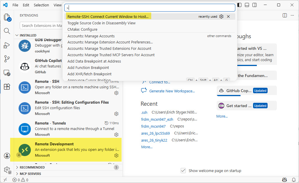 Remote SSH: Connect current window to host