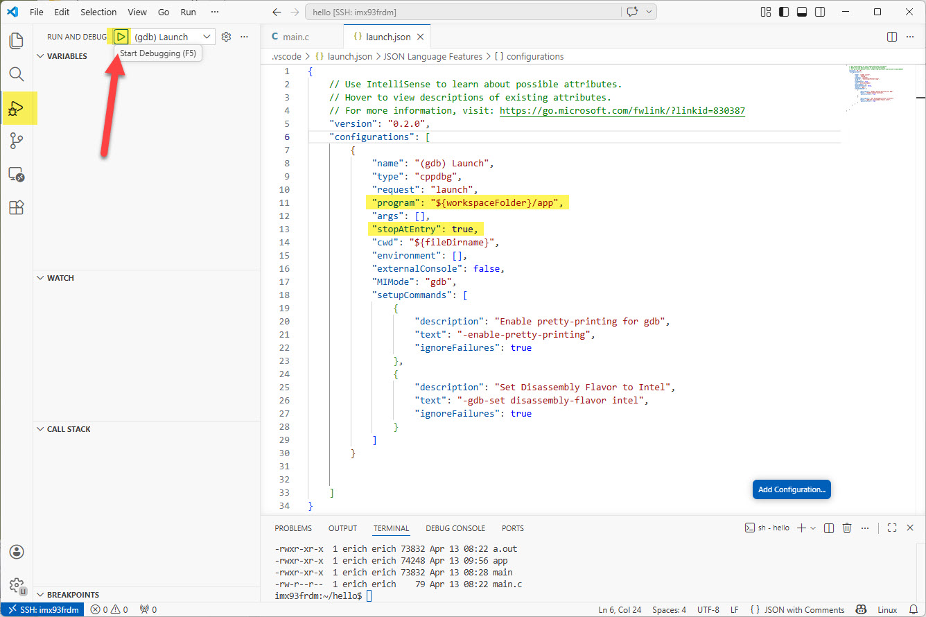Start debugging in VS Code
