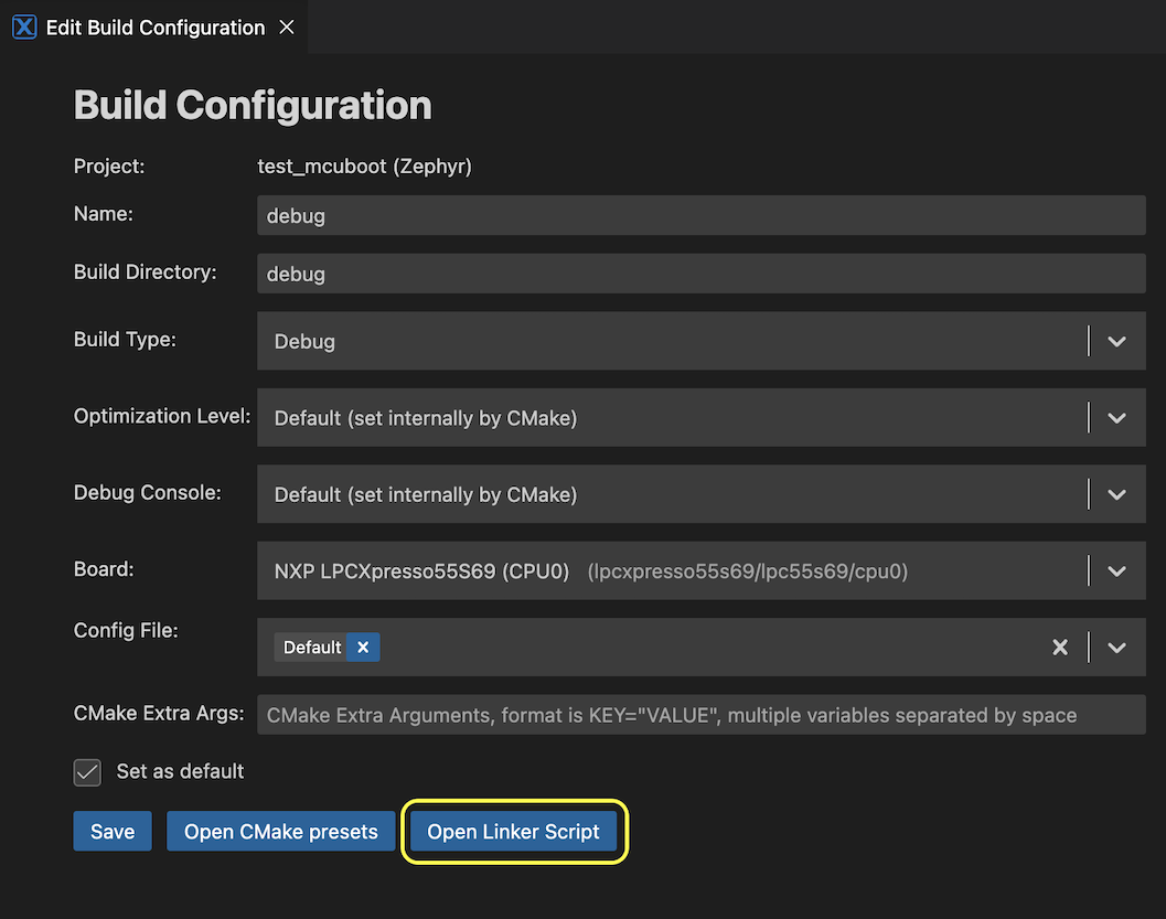 Open Linker Script button in the Build Configuration panel