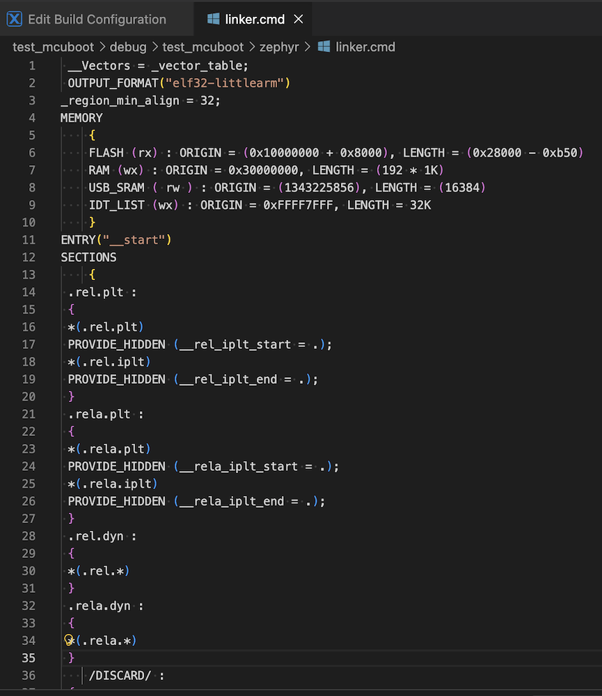 Linker script opened in the editor