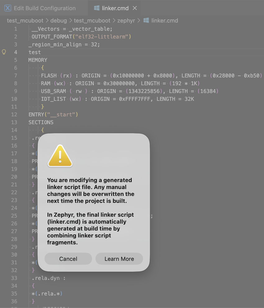 Generated linker script save warning dialog