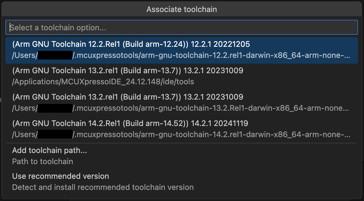 Associate toolchain options