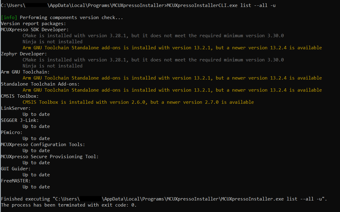 MCUXpresso Installer - List updates from all packages