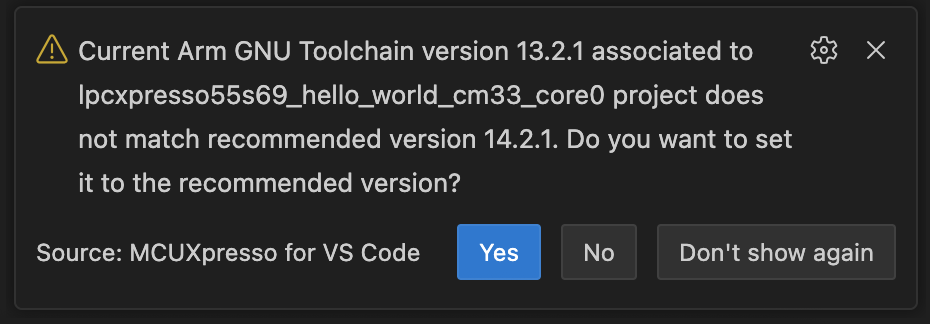 Toolchain version mismatch warning