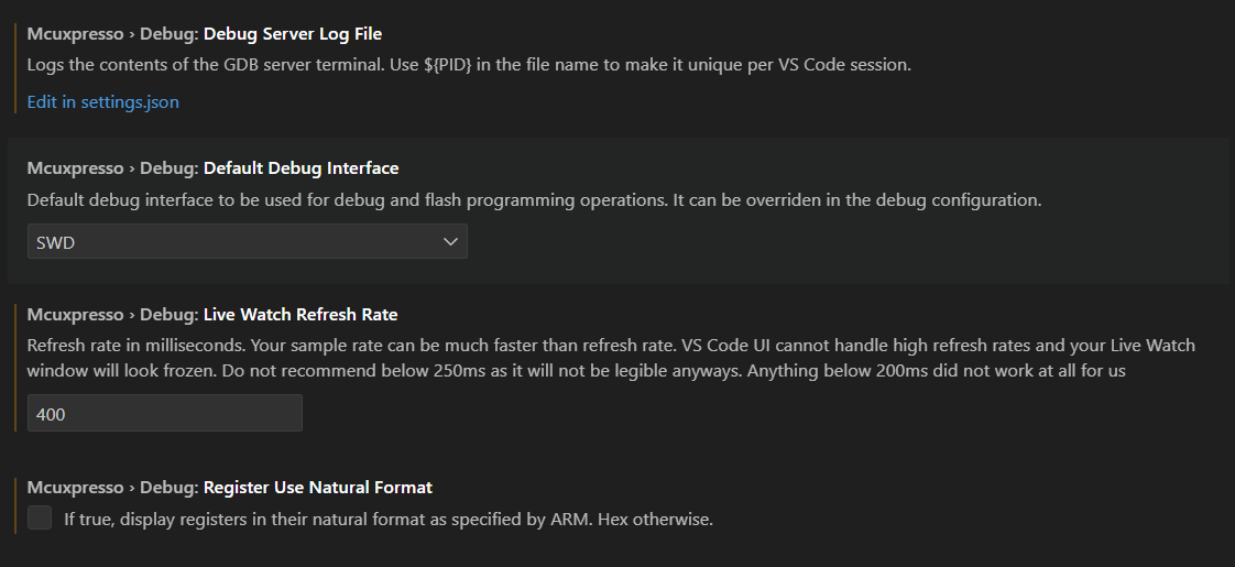 Debug settings (1)