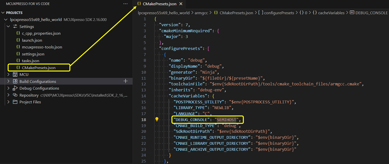 Semihosting enablement through configuration file
