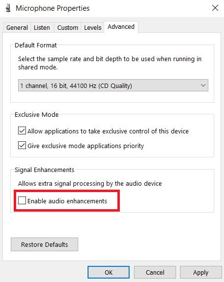 Disable signal enhancement