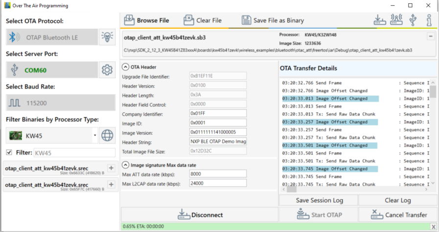 est Tool OTAP Bluetooth LE image transfer in progress