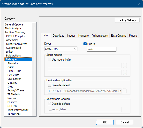 Debugger Settings for the Wireless Uart Host project
