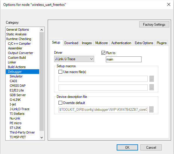 Debugger Settings for the Wireless UART project