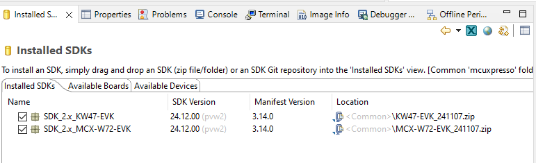 Installed SDKs in MCUXpresso IDE workspace