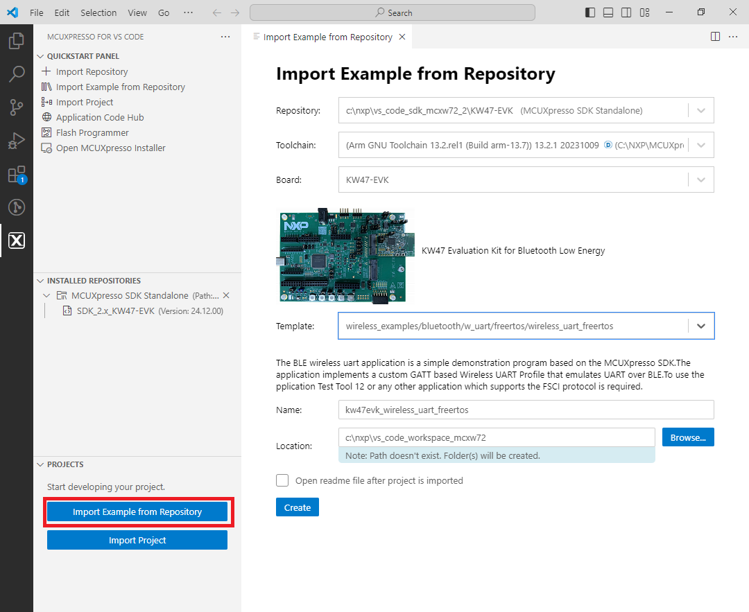 Steps to import the example application