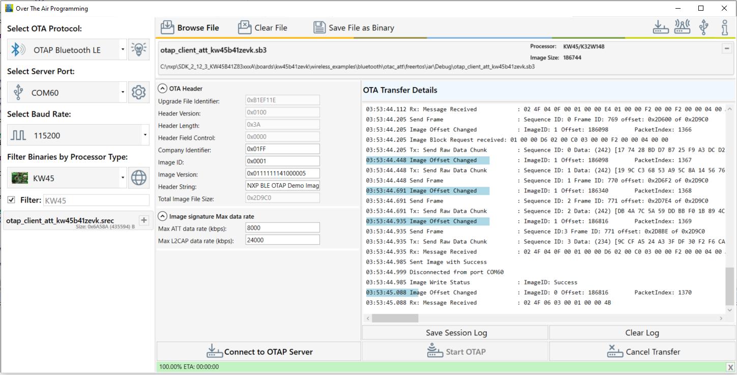 Test Tool OTAP Bluetooth LE Image Transfer Completed