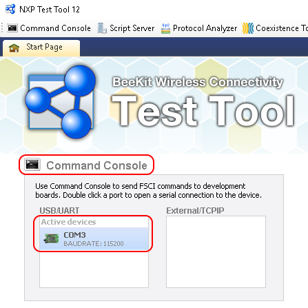 Test tool command console serial port selection